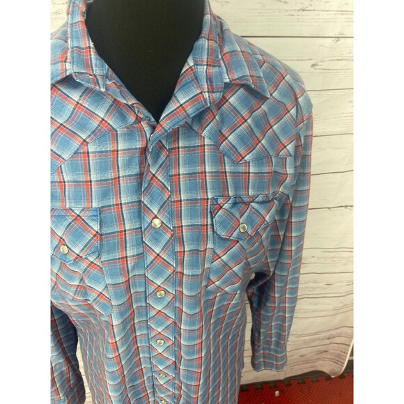 Men's Blue Red‎ Plaid Wrangler Shirt White Pearl Snap Closure Long Sleeve Cowboy - Picture 6 of 7